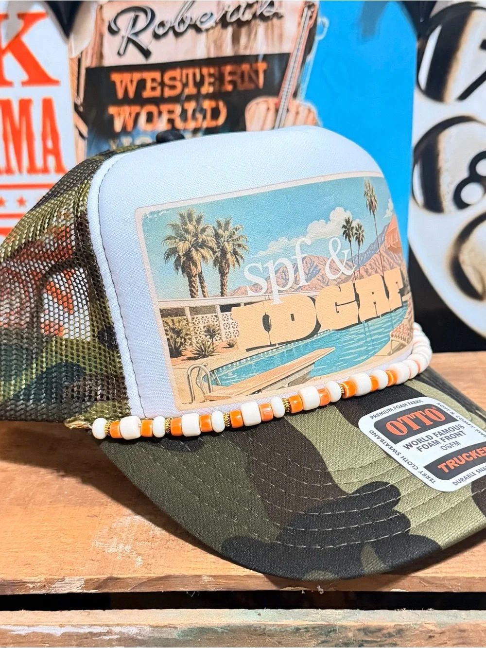 OTTO Camo Trucker Hat with Vintage Pool Graphic and Bead Trim